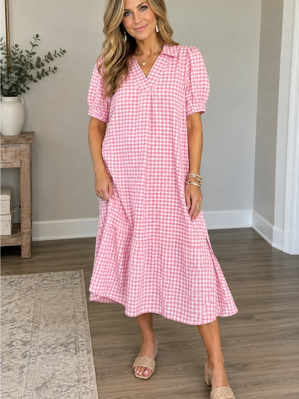Umgee Pink Gingham V-Neck Midi Dress